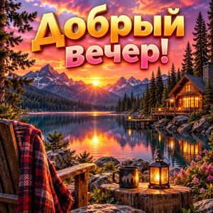 Открытка «Добрый вечер!» с домиком у горного озера