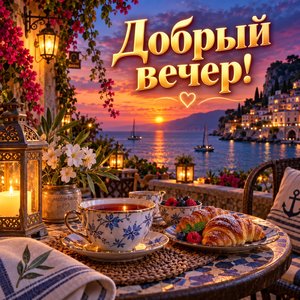 Открытка «Добрый вечер!» с кафе на набережной