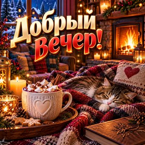 Открытка «Добрый вечер!» с камином и какао