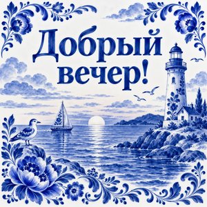 Открытка «Добрый вечер!» с морем и маяком