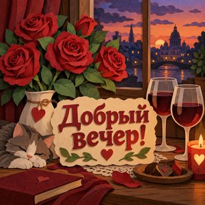 Открытка «Добрый вечер!» с розами и вином