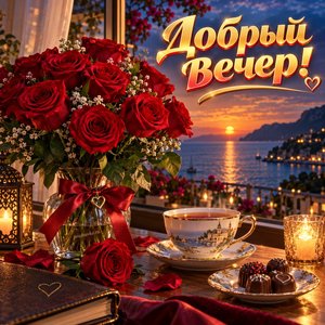Открытка «Добрый вечер!» с розами у моря