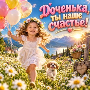 Открытка «Доченька, ты наше счастье!» с девочкой в ромашках