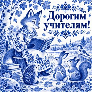 Открытка «Дорогим учителям!» с лисой-учительницей