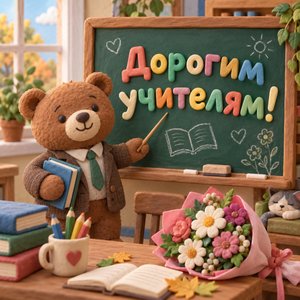 Открытка «Дорогим учителям!» с мишкой у доски