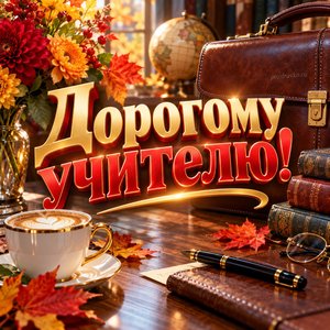 Открытка «Дорогому учителю!» с портфелем и перьевой ручкой