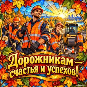 Открытка «Дорожникам — счастья и успехов!» с дорожной бригадой в оранжевых жилетах в рамке из кленовых листьев