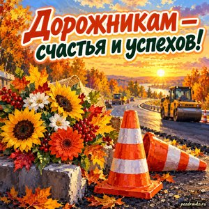 Открытка «Дорожникам — счастья и успехов!» с дорожными конусами и цветами при золотом солнечном свете