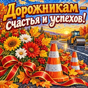 Открытка «Дорожникам — счастья и успехов!» с дорожными конусами и цветами с нарядными праздничными лентами