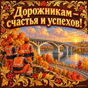 Открытка «Дорожникам — счастья и успехов!» с новым мостом над рекой на фоне мягких осенних облаков