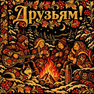 Открытка «Друзьям!» с костром в зимнем лесу