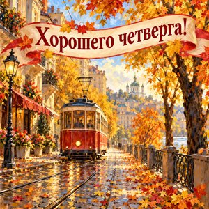Открытка «Хорошего четверга!» с трамваем