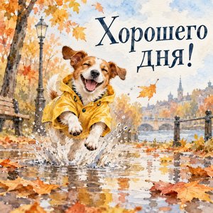 Открытка «Хорошего дня!» с собакой в дождевике