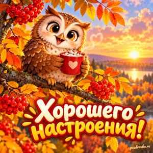 Открытка «Хорошего настроения!» с совой и какао