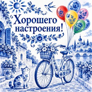 Открытка «Хорошего настроения!» с велосипедом и шарами