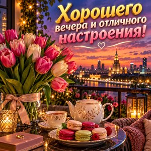 Открытка «Хорошего вечера и отличного настроения!» с тюльпанами на балконе