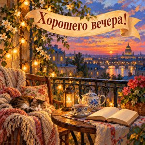 Открытка «Хорошего вечера!» с балконом и гирляндой