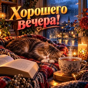 Открытка «Хорошего вечера!» с котом и книгой