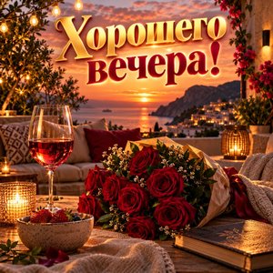 Открытка «Хорошего вечера!» с террасой на закате