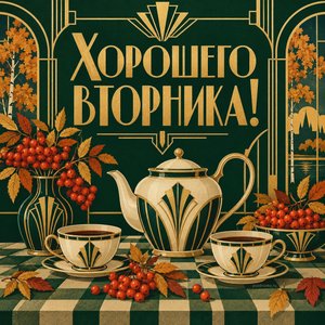 Открытка «Хорошего вторника!» с чаем и ягодами