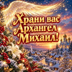 Открытка «Храни вас Архангел Михаил!» с крылом над деревней