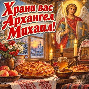 Открытка «Храни вас Архангел Михаил!» с пирогами в избе