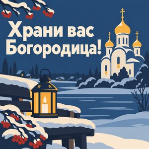 Открытка «Храни вас Богородица!» с фонарём на скамейке