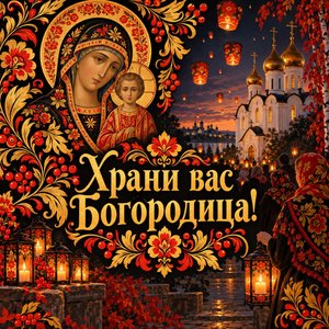 Открытка «Храни вас Богородица!» с фонарями на площади