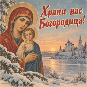 Открытка «Храни вас Богородица!» с монастырём у замёрзшего озера