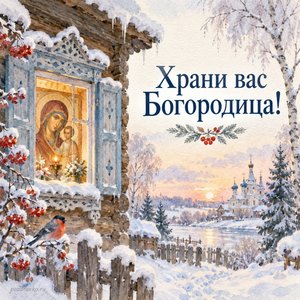 Открытка «Храни вас Богородица!» с резным домом в снегу