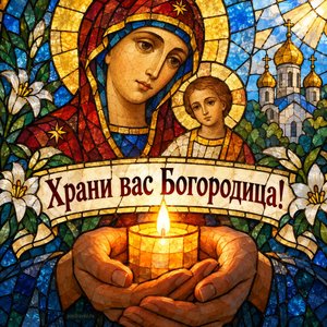 Открытка «Храни вас Богородица!» со свечой в ладонях