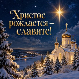 Открытка «Христос рождается — славите!» с Вифлеемской звездой над храмом
