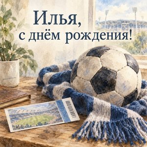 Открытка «Илья, с днём рождения!» Илье с мячом и билетом