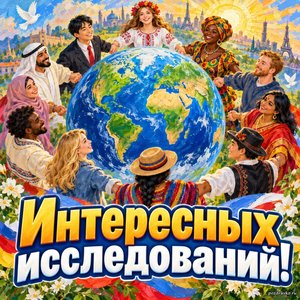 Открытка «Интересных исследований!» с глобусом и людьми