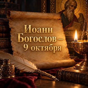 Открытка «Иоанн Богослов — 9 октября» со свитком и пером