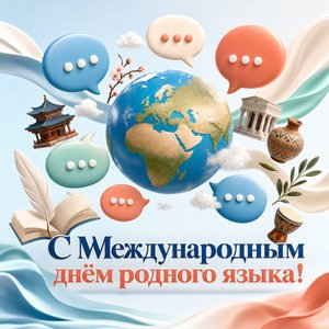 Открытка к Международному дню родного языка с глобусом и речевыми облаками