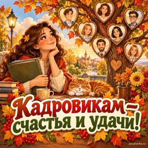 Открытка «Кадровикам — счастья и удачи!» с деревом и символическими портретами команды на фоне мягких осенних облаков