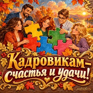 Открытка «Кадровикам — счастья и удачи!» с командой и яркими пазлами на фоне мягких осенних облаков