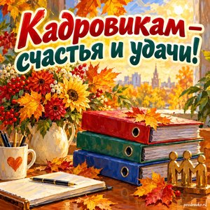 Открытка «Кадровикам — счастья и удачи!» с папками и осенними листьями при золотом солнечном свете