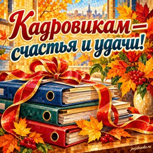 Открытка «Кадровикам — счастья и удачи!» с папками и осенними листьями с нарядными праздничными лентами