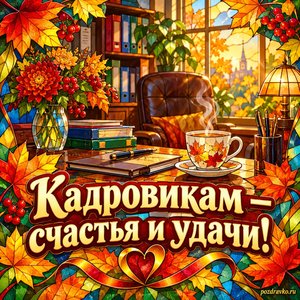 Открытка «Кадровикам — счастья и удачи!» с уютным кабинетом и чашкой чая в рамке из кленовых листьев