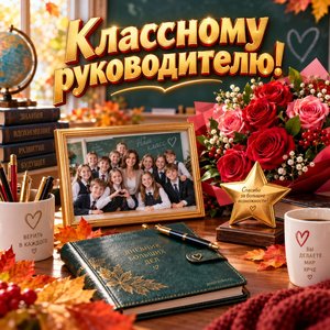Открытка «Классному руководителю!» с букетом и школьным дневником