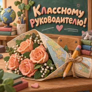 Открытка «Классному руководителю!» с розами в карте