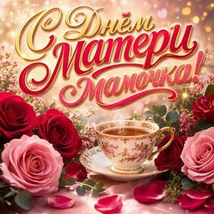 Открытка ко Дню матери с чашкой чая и розами Открытка ко Дню матери с чашкой чая и розами