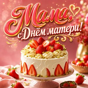 Открытка ко Дню матери с клубничным тортом
