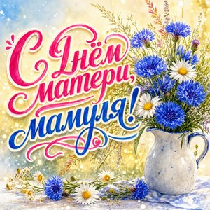 Открытка ко Дню матери с полевыми цветами в кувшине