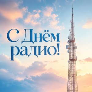 Открытка ко Дню радио с антенной и облаками