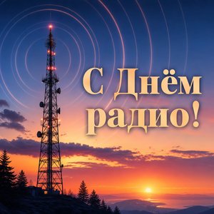Открытка ко Дню радио с радиовышкой на закате