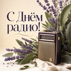 Открытка ко Дню радио с транзисторным радиоприёмником и лавандой