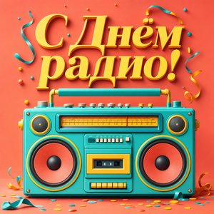 Открытка ко Дню радио с ярким бумбоксом